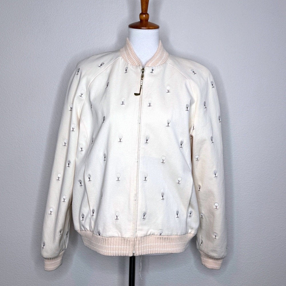 ST. JOHN SPORT Marie‎ Gray Bomber Jacket Embroidered Golf Balls Tees LG Cream
